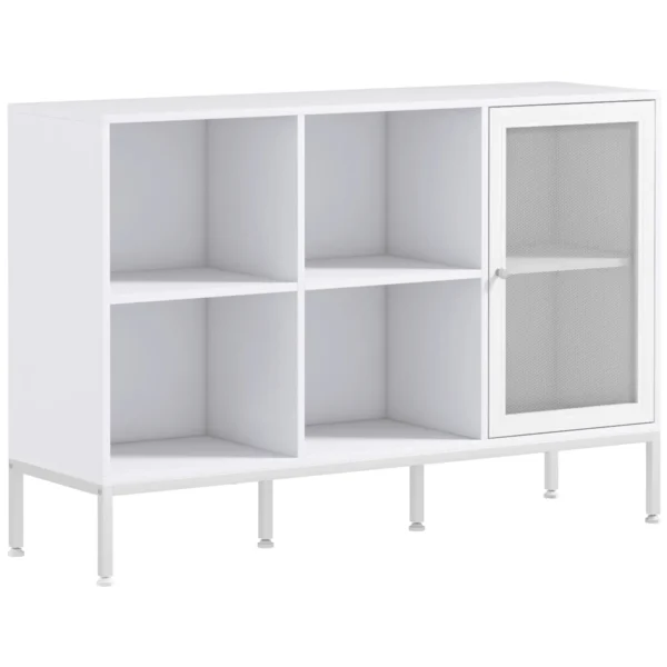 Buffet Cabinet with 4 Open Shelves and Cabinet, in Chipboard and Steel, 120x37x81.5 cm, White