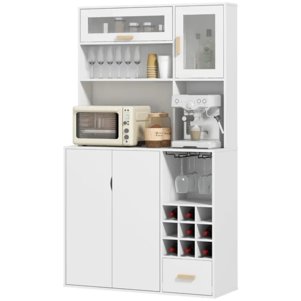 Mobile Pantry with Bottle Holder, Cabinets, Shelves and Drawer, in Chipboard and Wood, 100x38x172 cm, White