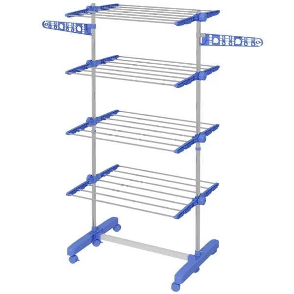 Vertical Clothes Drying Rack with 4 Adjustable Shelves, in Steel and Plastic, 142x55x172 cm, Blue and Silver