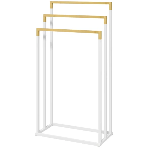 Freestanding 3-Bar Towel Rack in Bamboo and Steel, 45x22. 5x86 cm, White and Wood Color