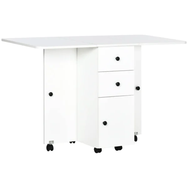 Drop-Leaf Table for 6 People Max with 2 Drawers, Cabinet and Shelf, in Chipboard, 120x60x76.5 cm, White