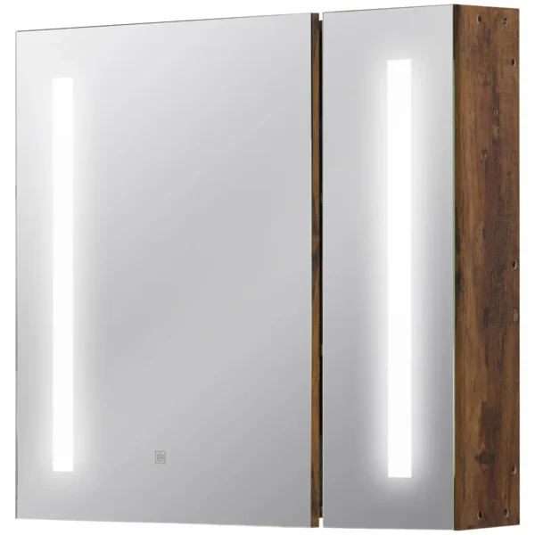 Bathroom Mirror with Adjustable LED Lights, 2 Doors and Adjustable Shelf, 70x15x65cm, Brown