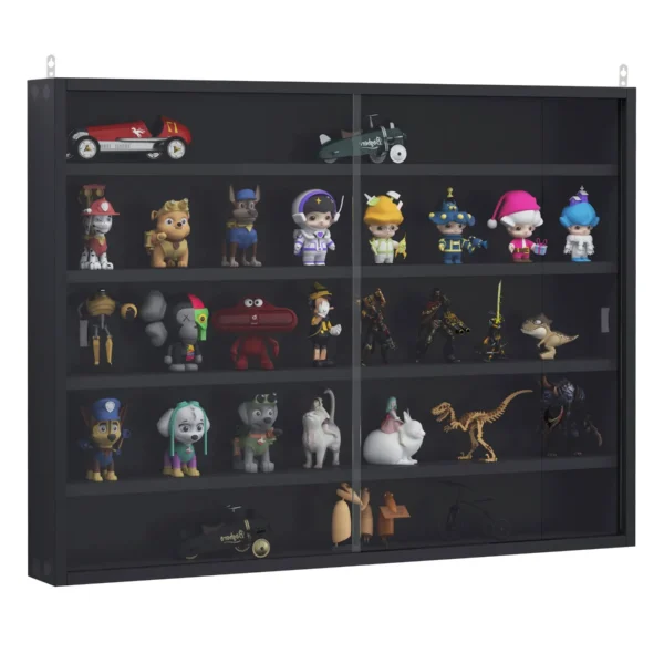 5-Tier Wall Display Cabinet with Adjustable Shelves, Glass and Chipboard, 80x9.5x60 cm, Black