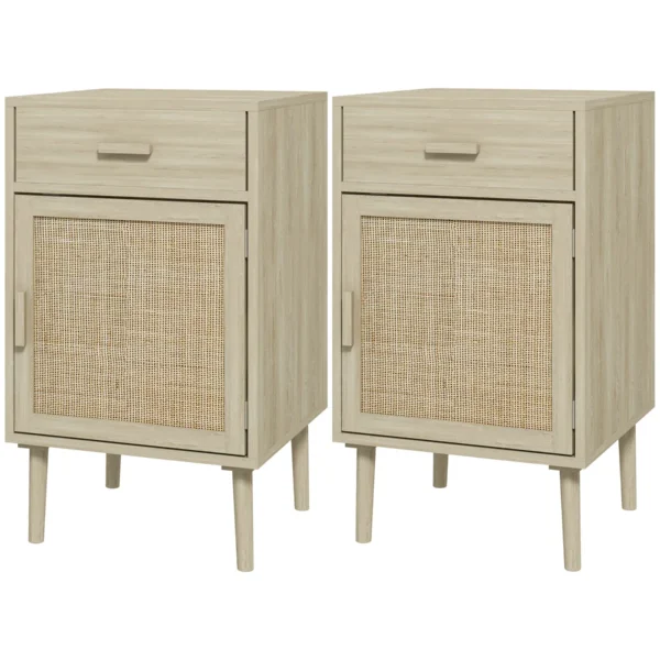 Set of 2 Bedside Tables for Bedroom with Drawer and Door in Boho Style Rattan, Wood Colour