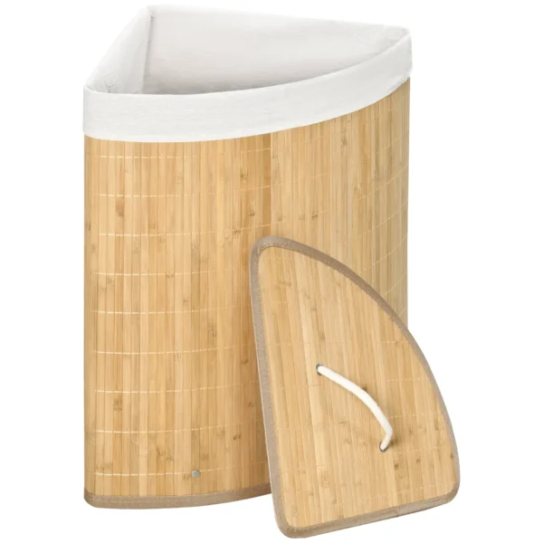 Laundry Basket with Triangular Lid in Bamboo and Fabric, 38x38x57cm, Wood Color