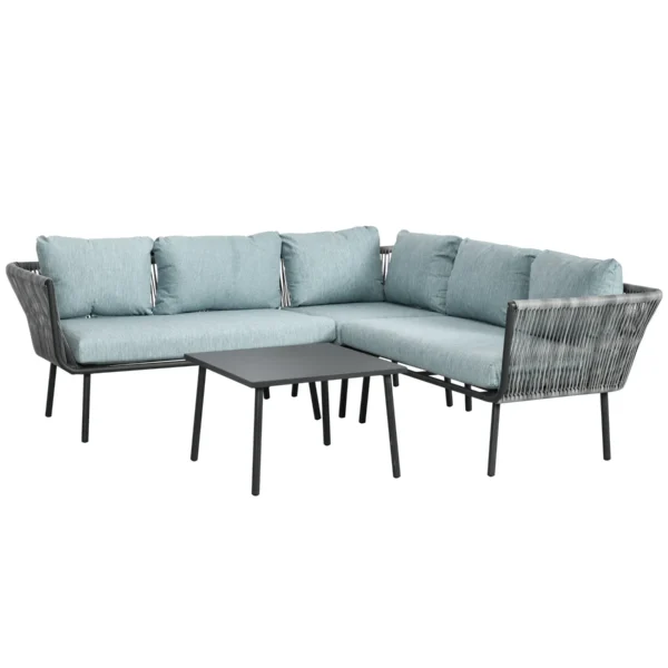 4 Piece Rattan Garden Set with Coffee Table, 2 Corner Sofas and Armchair, Black Grey and Blue