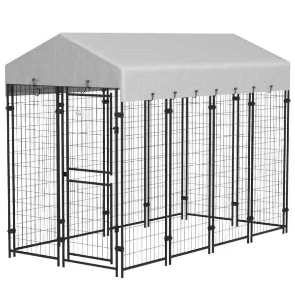 Outdoor Dog Playpen with Roof and 2-Section Metal Door, 239x121x183cm, Silver