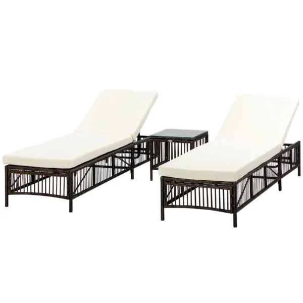 Set of 2 Sun Loungers with Padded Cushions and PE Rattan Table, Brown and Beige