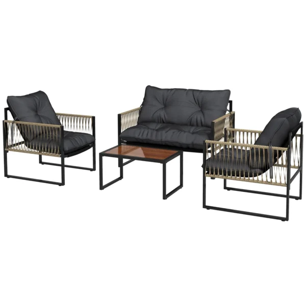CAMILLA | 4 Piece Rattan Garden Set with Sofa, 2 Chairs and Coffee Table, Grey and Brown