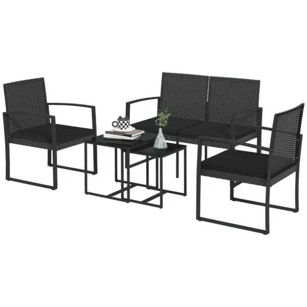 Garden Set with 2 Chairs, Sofa and 2 Coffee Tables with Cushions and Glass Top, Black