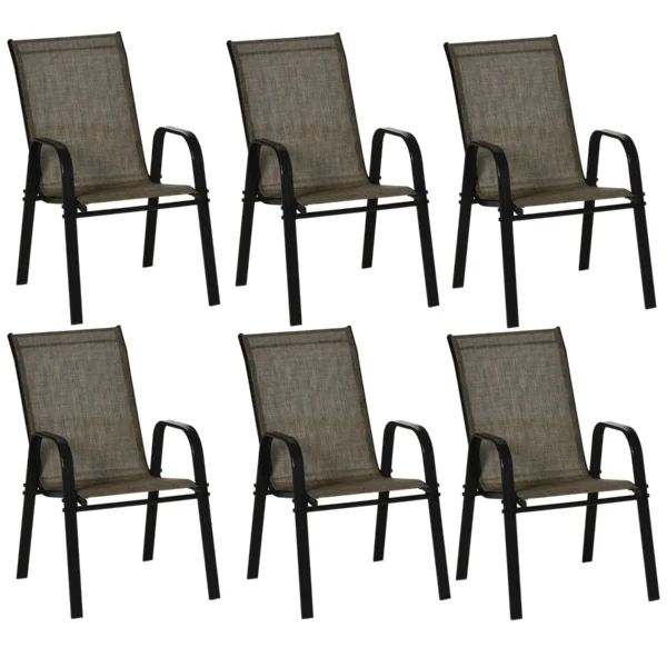 Garden Chairs Set of 6, Stackable Outdoor Chairs in Metal and Breathable Fabric, Brown