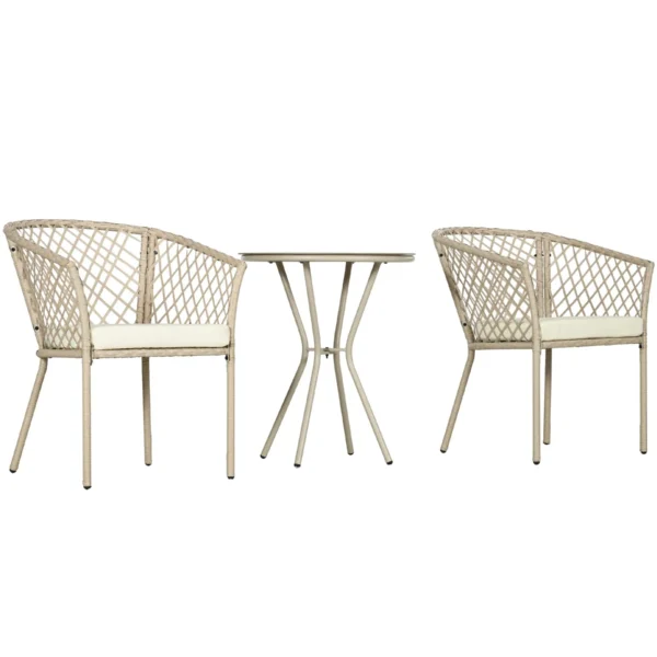Rattan Garden Set with 2 Cushioned Chairs and Glass Coffee Table, Khaki