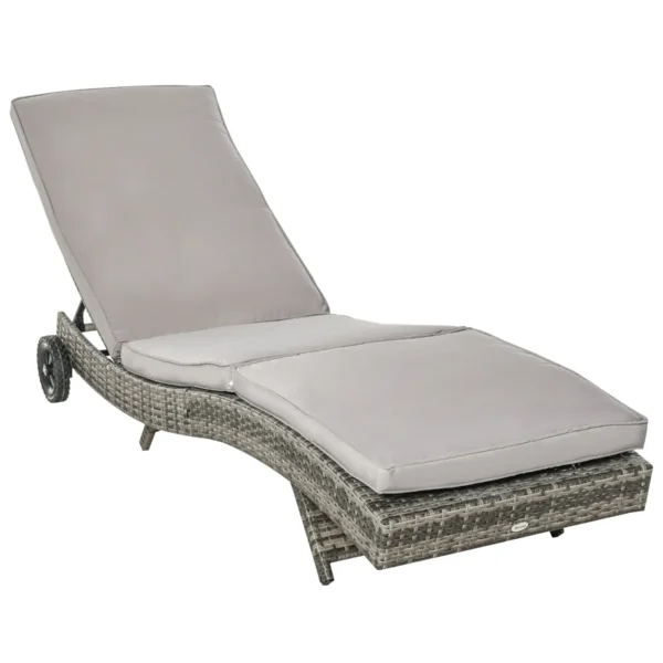 PE Rattan Garden Lounger with Adjustable Backrest and Cushion, 207x70x70cm, Grey