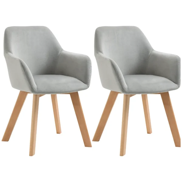 Set of 2 Velvet Upholstered Dining Chairs with Wooden Armrests and Legs, Grey