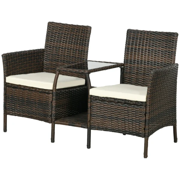 Rattan Garden Set with 2 Modern Chairs and Coffee Table, 138x60x87 cm, Brown