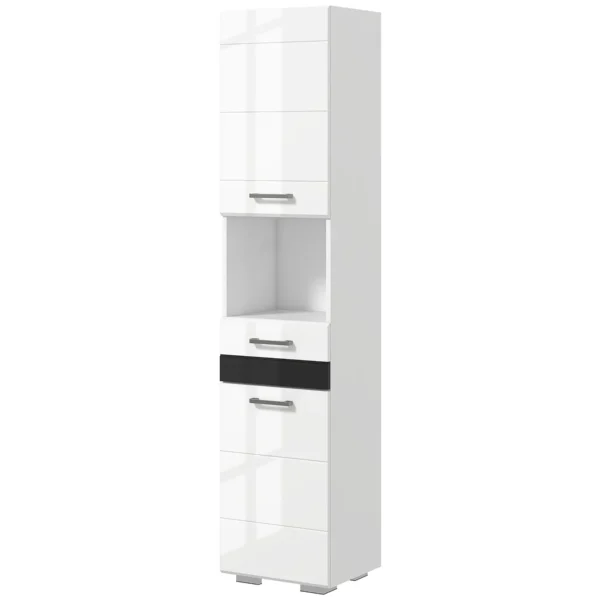Bathroom Column in MDF with Open Shelf, Drawer and Closed Cabinet, 37x32.5x170 cm, White