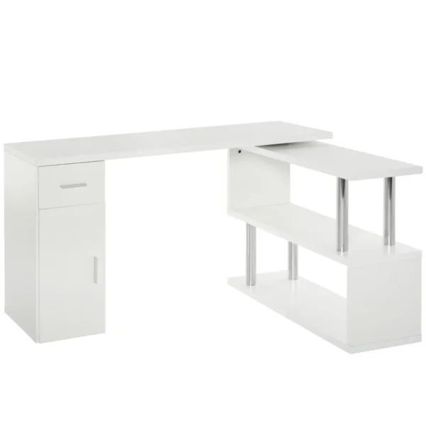 Modern Wooden Corner Desk with Drawer, Cabinet and Shelves, Office and Home Furniture, White