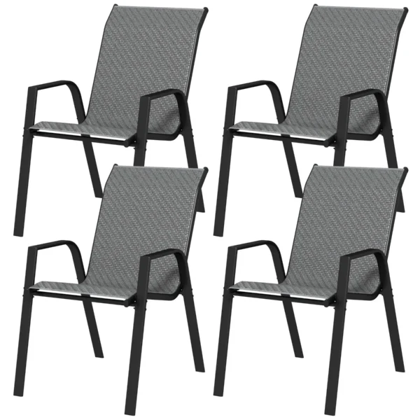 Set of 4 Stackable Garden Chairs with Armrests in PE Rattan and Steel, Grey