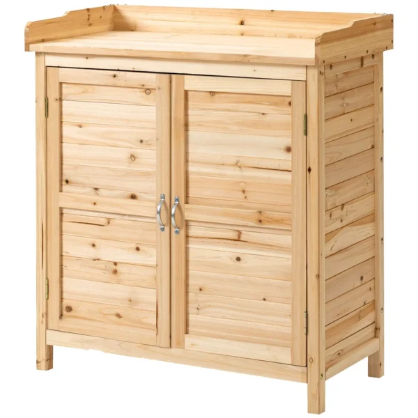 2-Tier Outdoor Cabinet in Fir Wood with Raised Design and 2 Doors, 83x40x92 cm
