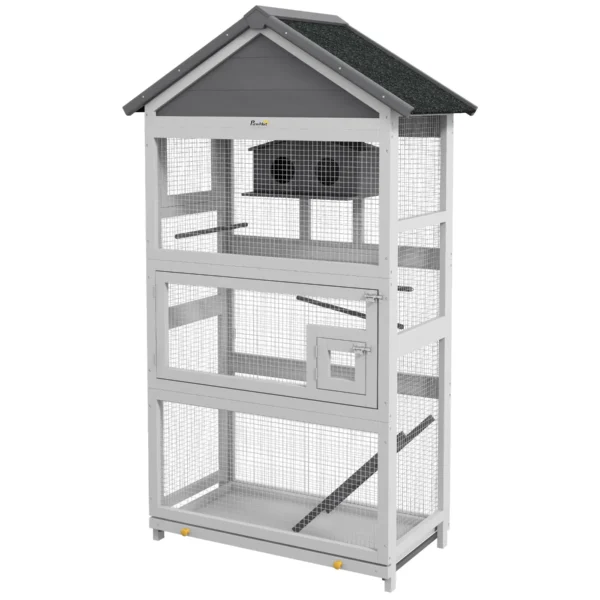 3-Door Bird Aviary with House and Tray, Wood and Metal, 92x52x171 cm, Grey and Black