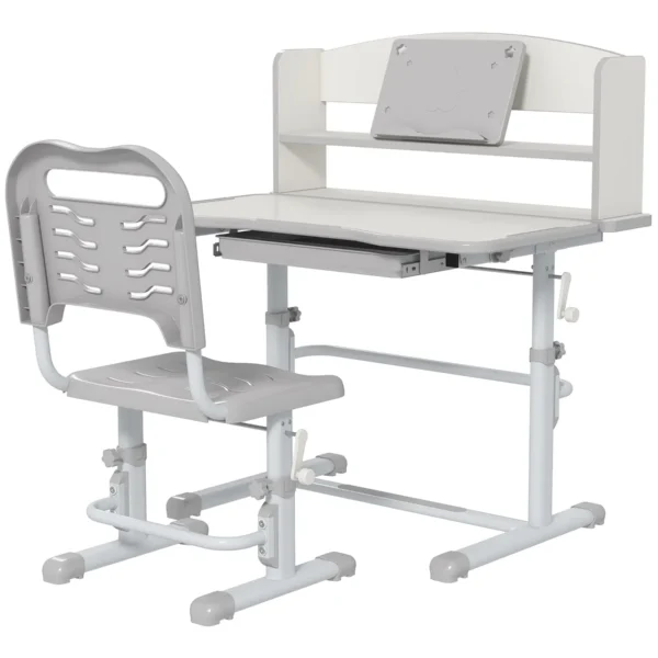 Children's Desk Set with Height-Adjustable Chair and Tiltable Top, Ages 6-12, Grey