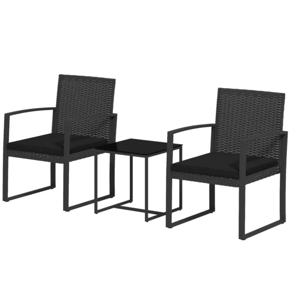 Black Rattan 3 Piece Garden Set with 2 Chairs with Cushions and Glass Top Table, Black Rattan Effect