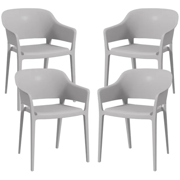 Set of 4 Stackable Plastic Garden Chairs with Armrests and High Backrest in PP, Grey