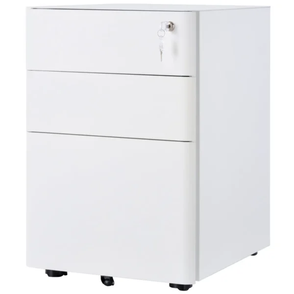 Office Chest 3 Steel Drawers with Lock and Wheels, 39x48x59cm, White