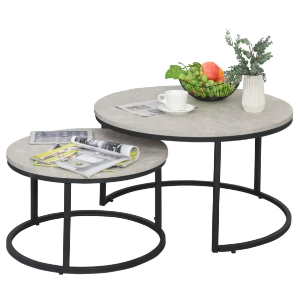 Set of 2 Round Nesting Coffee Tables in Metal and MDF with Marble Effect, Grey and Black