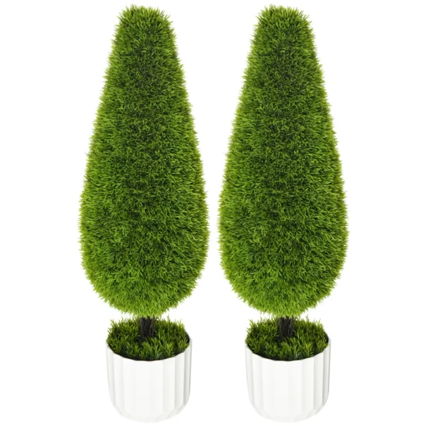 Set of 2 Artificial Cypress Plants with Ø12x16 cm Pots, Moss and Cement, in PE and Plastic, Green and White