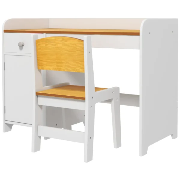 White Wooden Children's Desk and Chair Set for Ages 3-6 with Drawer and Cabinet