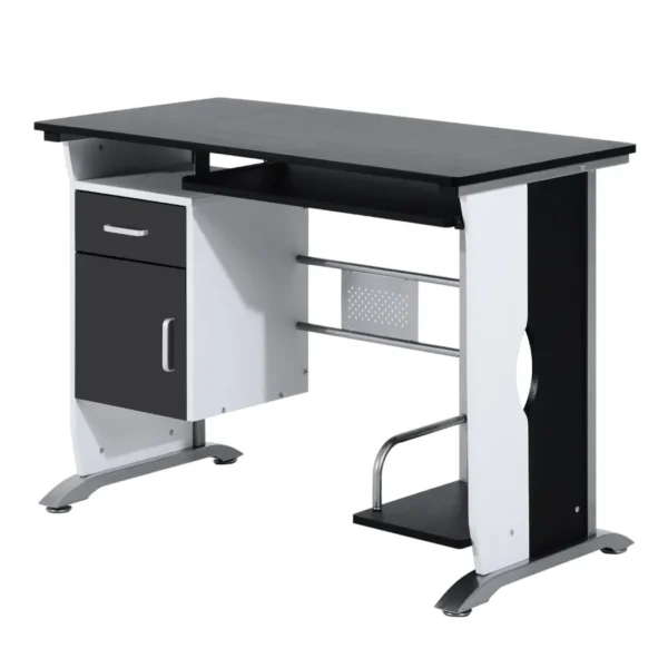 Computer Desk with Shelf, Drawer and Cabinet, in MDF and Iron, 100x52x75 cm, White and Black