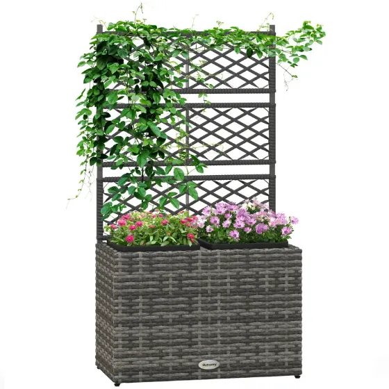 Planter with Trellis for Climbing Plants with 2 Pots in Steel and PE Rattan, 57x30x107cm, Grey