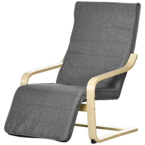 Relaxing Chair with 5-Level Footrest and Headrest in Birch Wood and Fabric, Grey