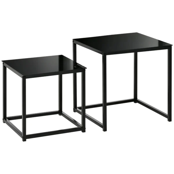 Set of 2 Modern Square Coffee Tables, in Steel and Tempered Glass, Black