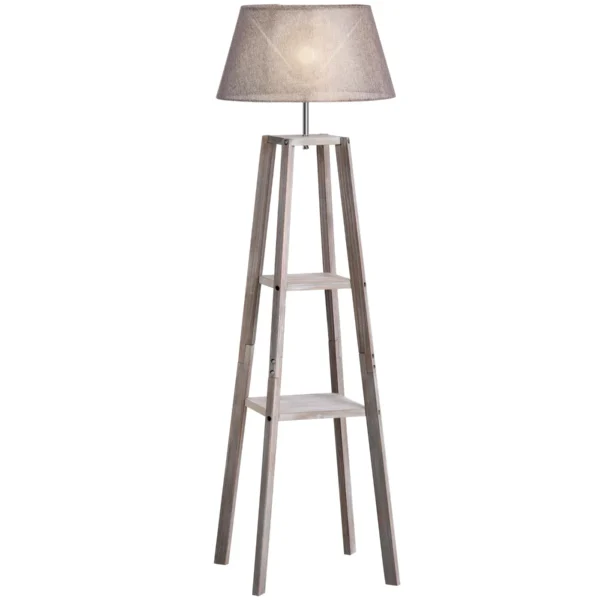 Wooden Floor Lamp with 3 Shelves and Fabric Lampshade, 45x45x148cm, Grey