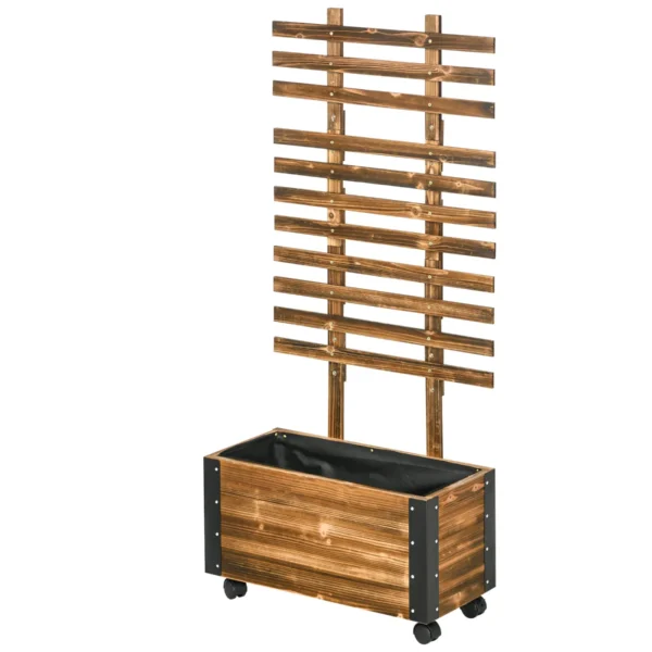 Planter with Trellis for Climbing Plants and Wheels, in Fir Wood, 65x31x147 cm, Brown