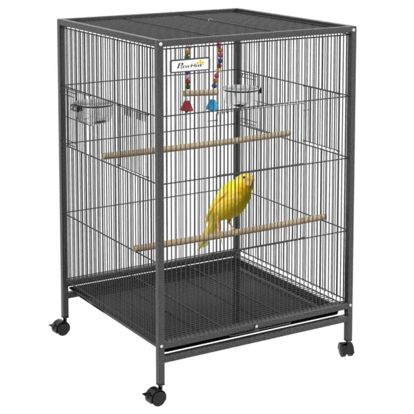Steel and PP Bird Cage with 5 Doors, 2 Perches and Removable Tray, 48x46x74 cm, Grey