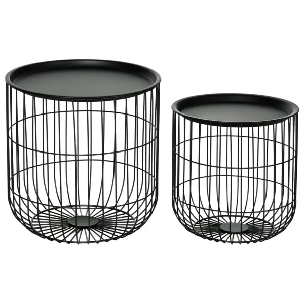 Set of 2 Round Stackable Steel Coffee Tables with Storage Compartment, Black