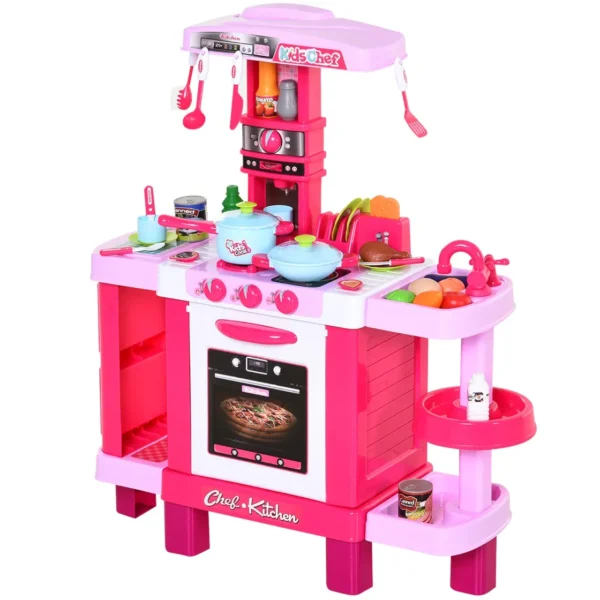 Kids Toy Kitchen with 38 Accessories Included, with Realistic Lights and Sounds, 78x29x87 cm, Pink