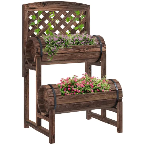 2-Tier Outdoor Planter with Drainage Holes and Grid, Fir Wood, 42x49x80 cm, Brown