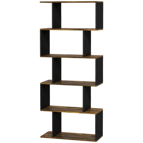 Modern Asymmetric Wall Bookcase with 5 Wooden Shelves, 70x29.5x163cm, Rustic Brown