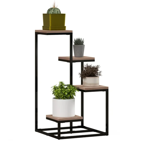 4-Tier Steel and Wood Plant Shelf, 40x40x75.5 cm, Brown and Black