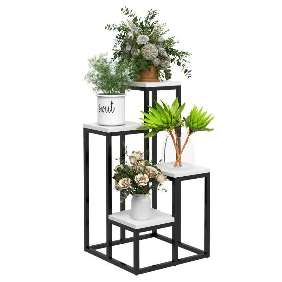 4-Tier Steel and Wood Plant Shelf, 34x34x70cm, Black and White