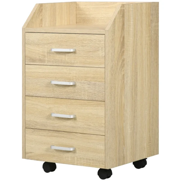 Wooden Office Chest with 4 Drawers, Wheels and Raised Edges, 40x36x65cm, Natural Wood