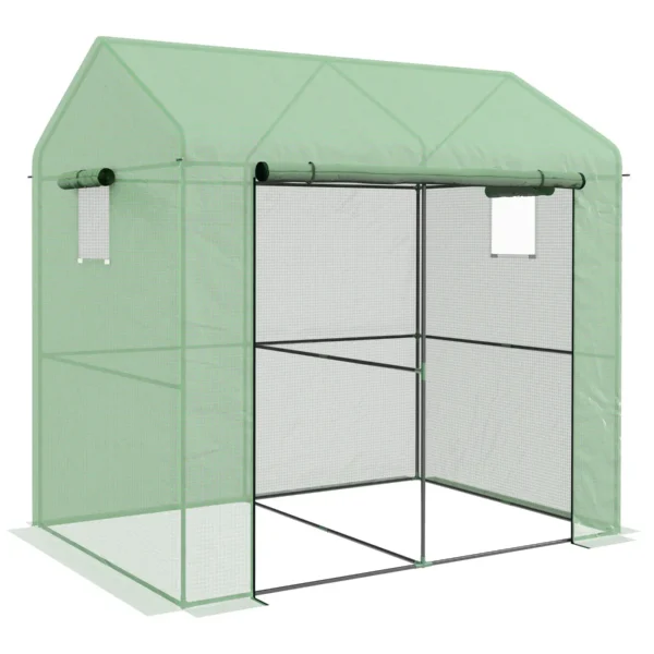 2-Section Greenhouse with Roller Door and Windows, Steel and PE, 200x140x200 cm, Green