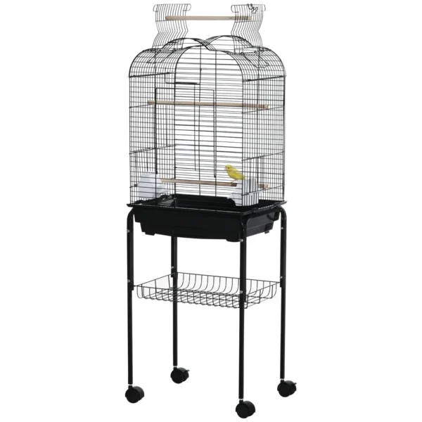 Bird Cage with 3 Perches, 2 Bowls and 2 Side Doors, Made of Steel, PP and Wood, 46x36x130 cm, Black