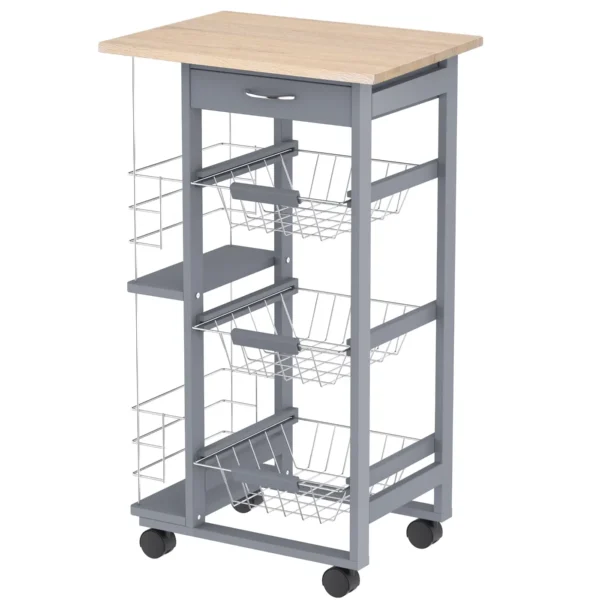 Kitchen Trolley with Pull-Out Drawers and 2 Bottle Holders, in Pine Wood and Metal, 47x37x83 cm