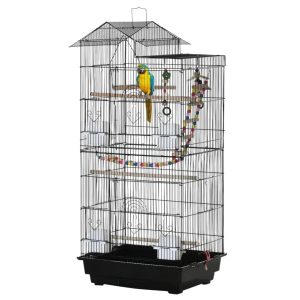 Cage with Ladder, Swing, Bowls and Toys, in Steel, PP and Wood, 46x36x100 cm, Black