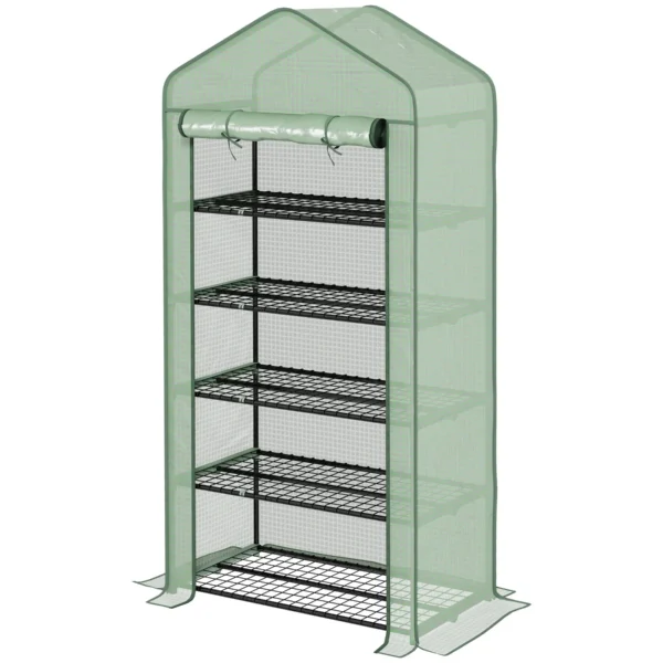 5-Tier Greenhouse with Roll-Up Entrance, Steel and Polyethylene, 90x49x193 cm, Green